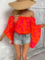 Printed Off-Shoulder Bell Sleeve Blouse - Ladyez