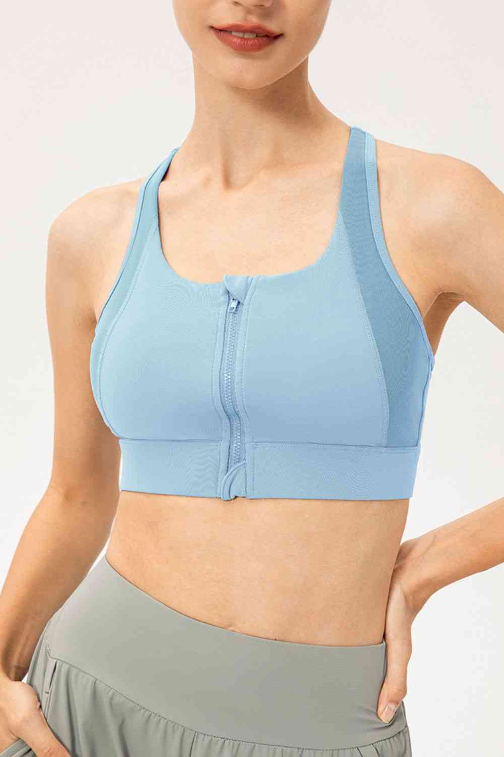 Zip-Up Round Neck Sports Bra - Ladyez