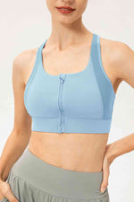 Zip-Up Round Neck Sports Bra - Ladyez