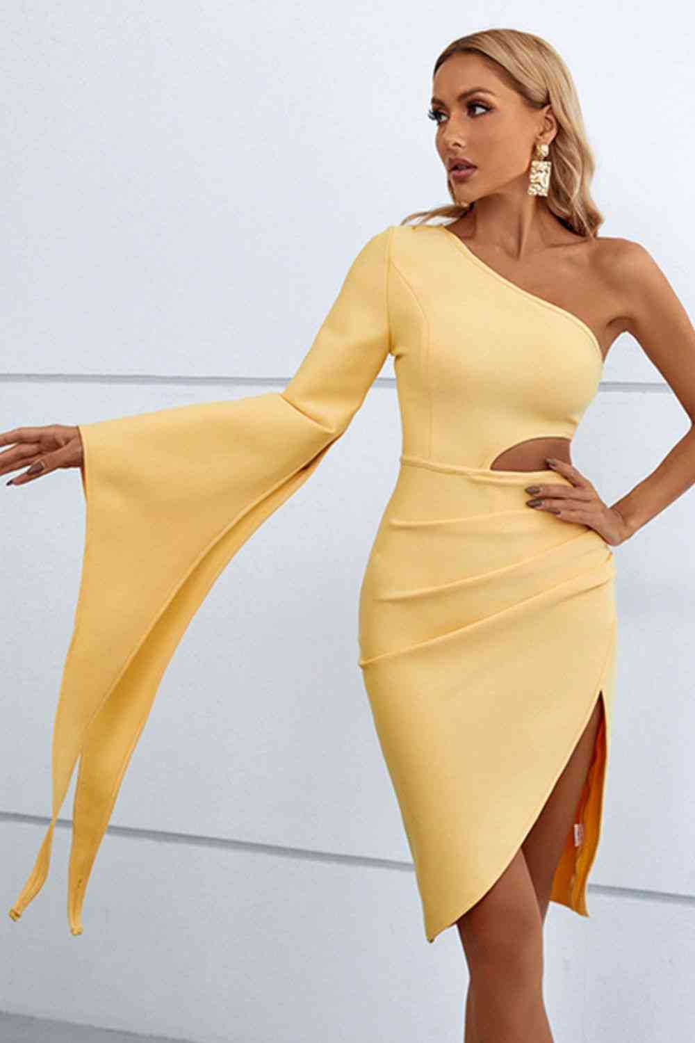 Cutout Split Flare Sleeve One-Shoulder Dress - Ladyez