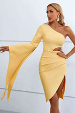 Cutout Split Flare Sleeve One-Shoulder Dress - Ladyez