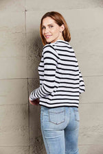 Double Take Striped Johnny Collar Long Sleeve Knit Top - Ladyez