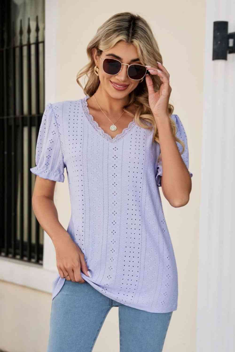 Eyelet Flounce Sleeve Scalloped V-Neck Top - Ladyez