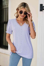 Eyelet Flounce Sleeve Scalloped V-Neck Top - Ladyez