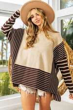 BiBi Striped Contrast Long Sleeve Slit Top - Ladyez
