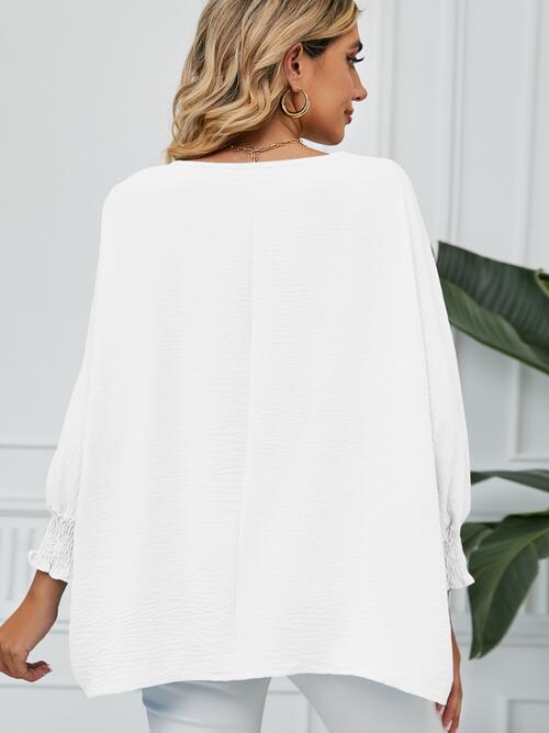 Smocked Lantern Sleeve Round Neck Blouse - Ladyez