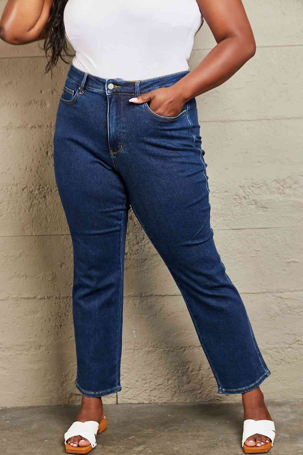 Judy Blue Kailee Full Size Tummy Control High Waisted Straight Jeans - Ladyez