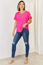 Zenana V-Neck Rolled Short Sleeve T-Shirt - Ladyez