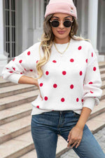Woven Right Polka Dot Round Neck Dropped Shoulder Sweater - Ladyez
