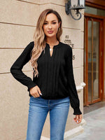 Pleated Notched Neck Flounce Sleeve Blouse - Ladyez