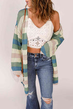 Full Size Striped Long Sleeve Openwork Cardigan - Ladyez
