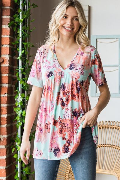 Heimish Full Size Floral V-Neck Short Sleeve Babydoll Blouse - Ladyez