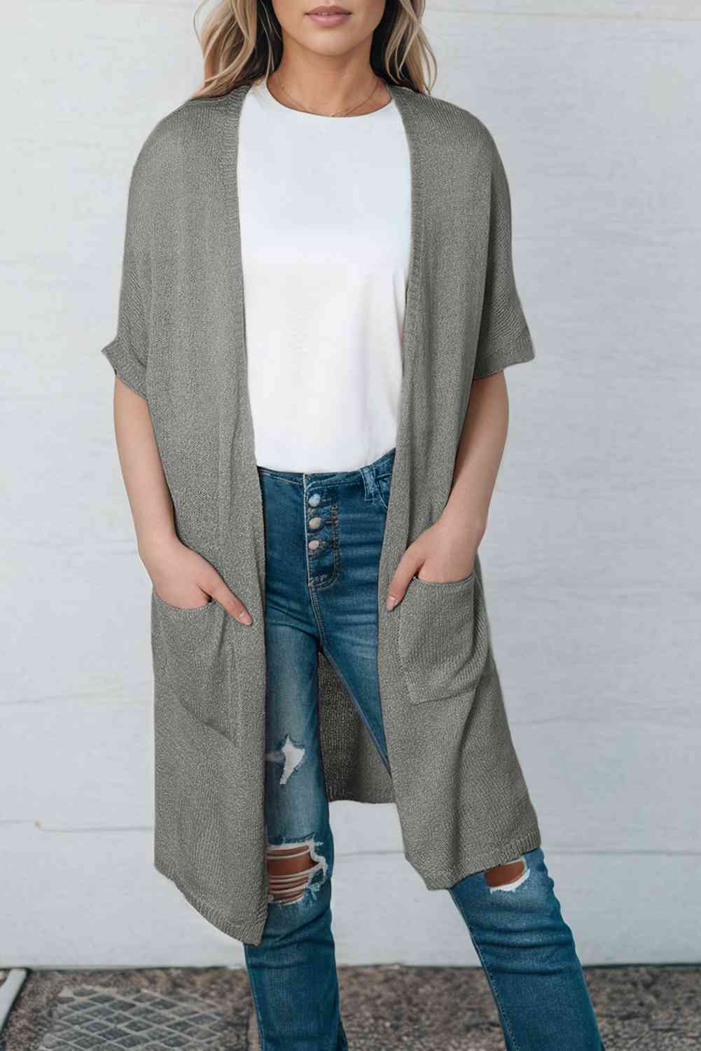 Open Front Sweater Cardigan with Pockets - Ladyez