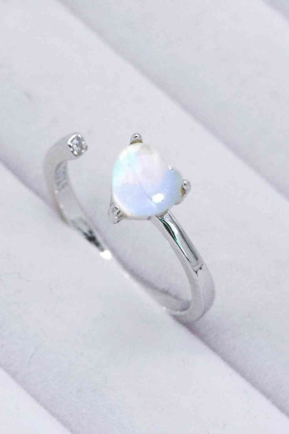 Inlaid Moonstone Heart Adjustable Open Ring - Ladyez