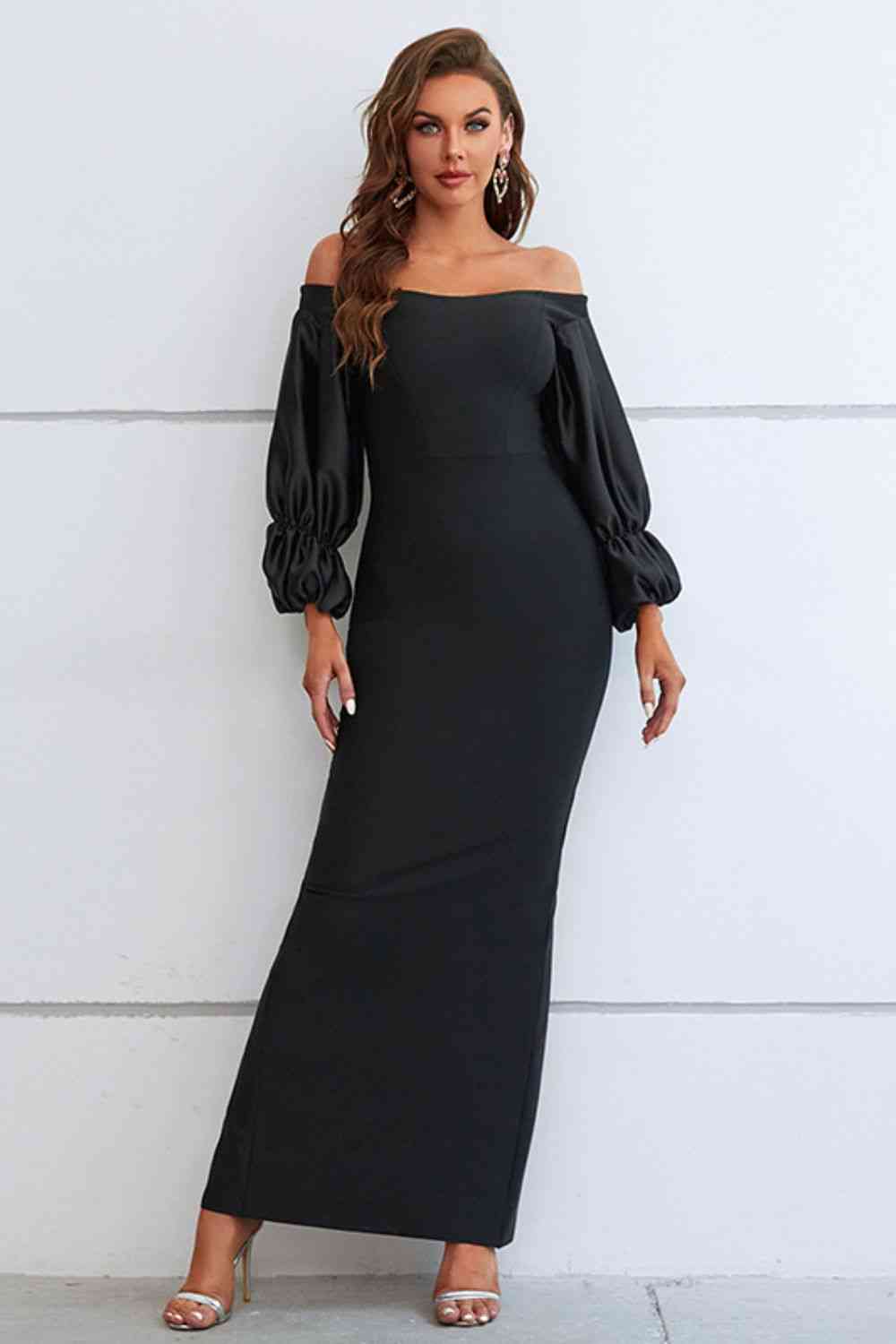Off-Shoulder Bubble Sleeve Slit Dress - Ladyez