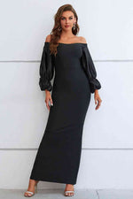 Off-Shoulder Bubble Sleeve Slit Dress - Ladyez