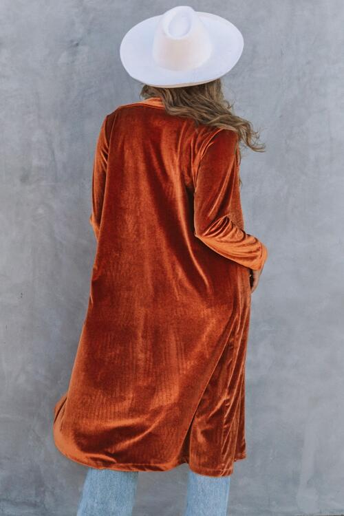 Collared Neck Longline Velvet Cardigan with Pockets - Ladyez