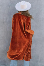 Collared Neck Longline Velvet Cardigan with Pockets - Ladyez