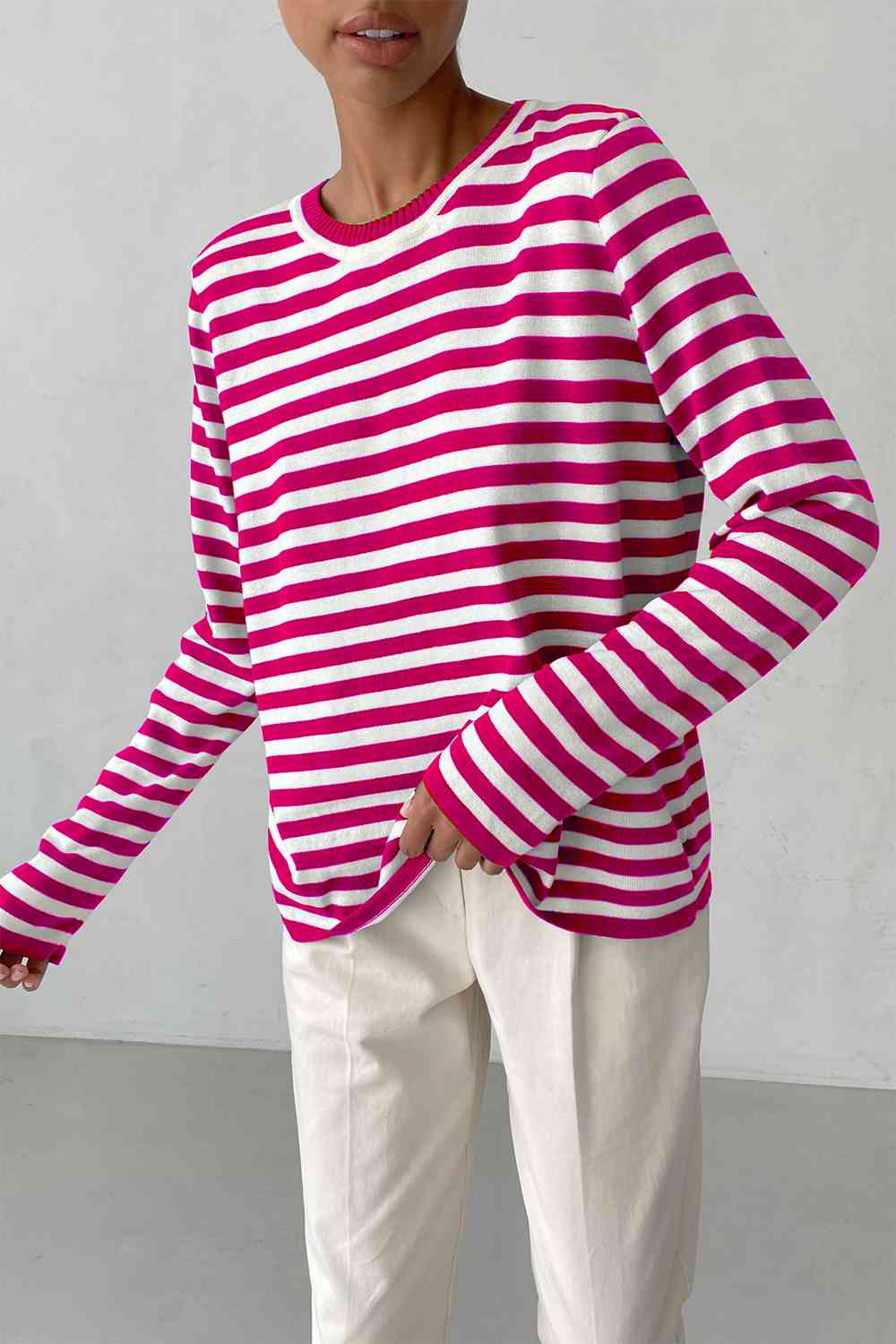 Striped Round Neck Long Sleeve Sweater - Ladyez