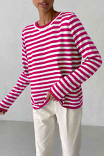 Striped Round Neck Long Sleeve Sweater - Ladyez