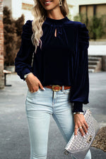 Tie Up Mock Neck Velvet Fabric Long Sleeve Blouse - Ladyez