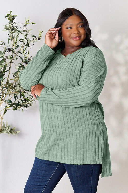 Basic Bae Full Size Ribbed Round Neck Long Sleeve Slit Top - Ladyez