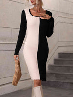 Woven Right Contrast Slit Sweater Dress - Ladyez