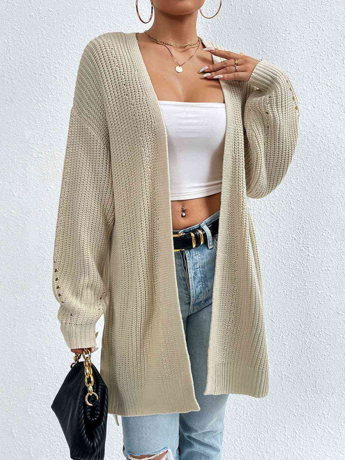 Open Front Dropped Shoulder Slit Cardigan - Ladyez