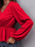 V-Neck Balloon Sleeve Peplum Blouse - Ladyez