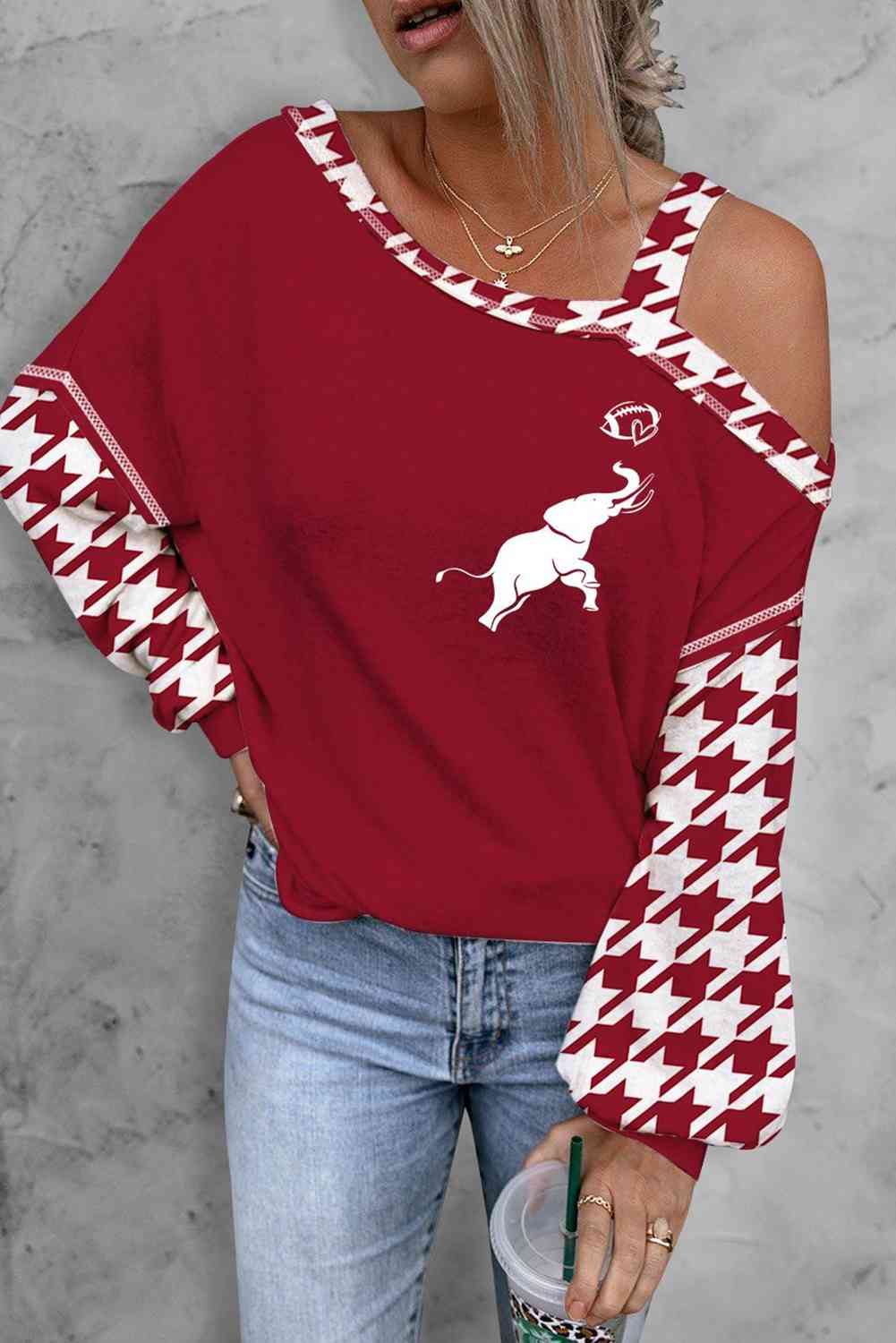 Houndstooth Long Sleeve Asymmetrical Neck Top - Ladyez