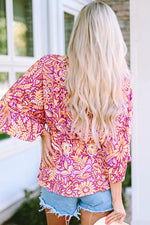 Floral V-Neck Tie Front Ruffled Blouse - Ladyez
