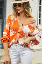 Printed V-Neck Button-Down Long Sleeve Cardigan - Ladyez