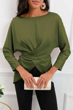 Boat Neck Back Tie Long Sleeve Satin Blouse - Ladyez