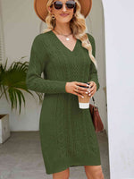Cable-Knit V-Neck Mini Sweater Dress - Ladyez