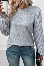 Ribbed Round Neck Long Sleeve Knit Top - Ladyez