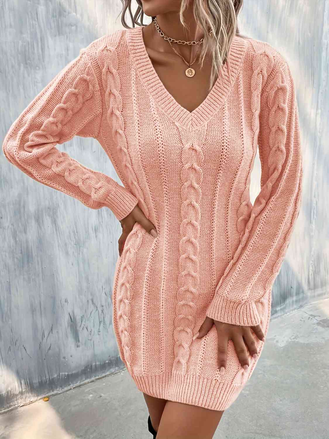 Cable-Knit V-Neck Sweater Dress - Ladyez