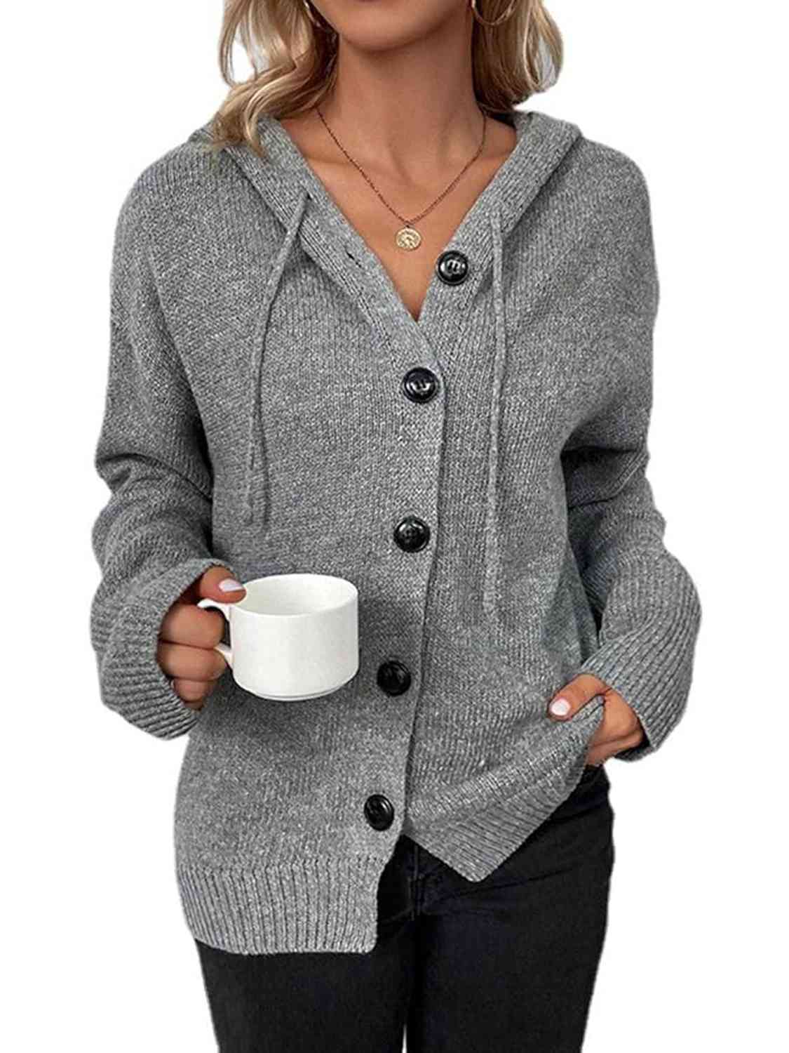 Button Up Drawstring Long Sleeve Hooded Cardigan - Ladyez