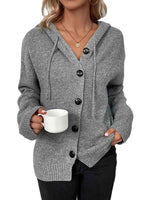 Button Up Drawstring Long Sleeve Hooded Cardigan - Ladyez