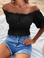 Off-Shoulder Frill Trim Peplum Top - Ladyez