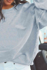 Ribbed Round Neck Drop Shoulder Sweatshirt - Ladyez