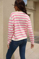 Striped Round Neck Button-Down Dropped Shoulder Cardigan - Ladyez