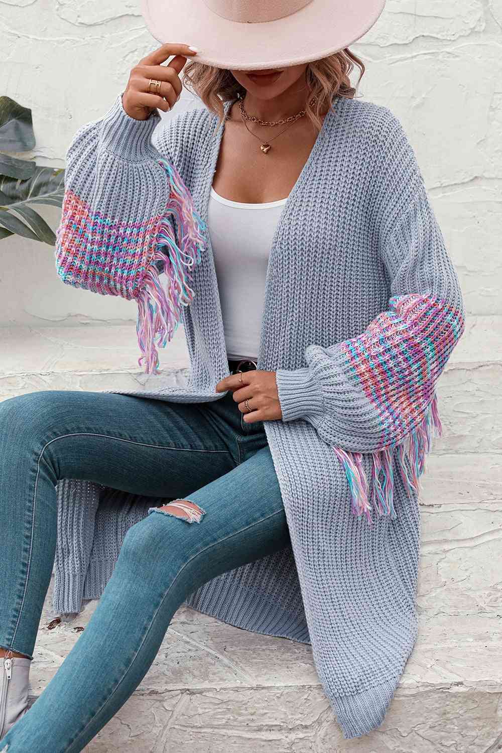 Fringe Sleeve Dropped Shoulder Cardigan - Ladyez