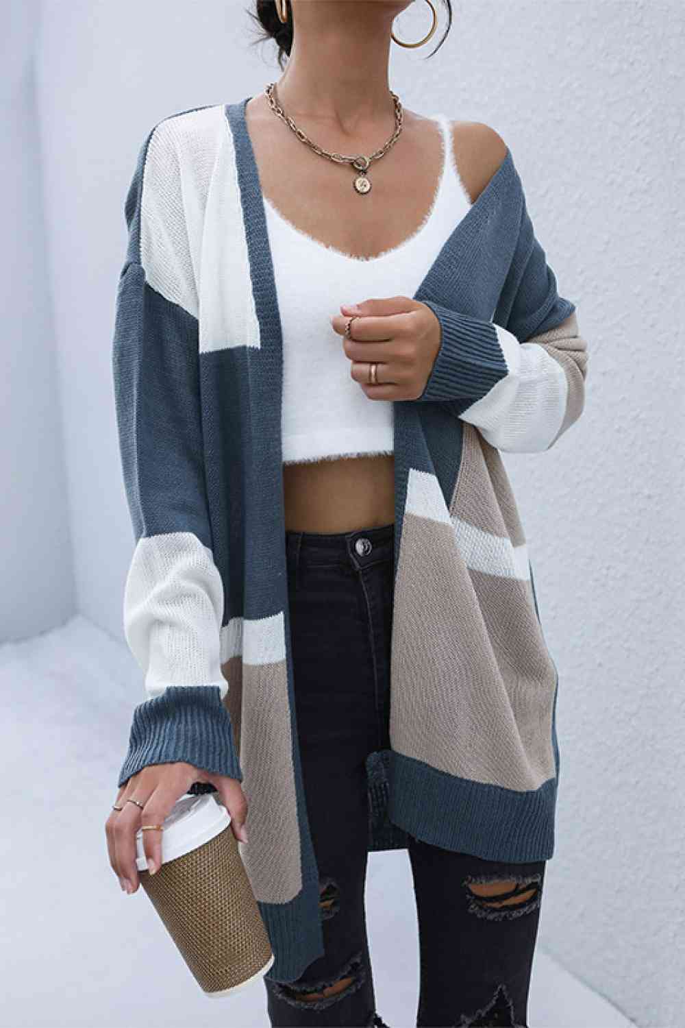Color Block Dropped Shoulder Cardigan - Ladyez