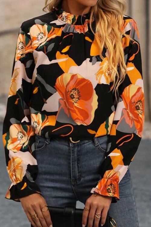 Floral Mock Neck Flounce Sleeve Blouse - Ladyez