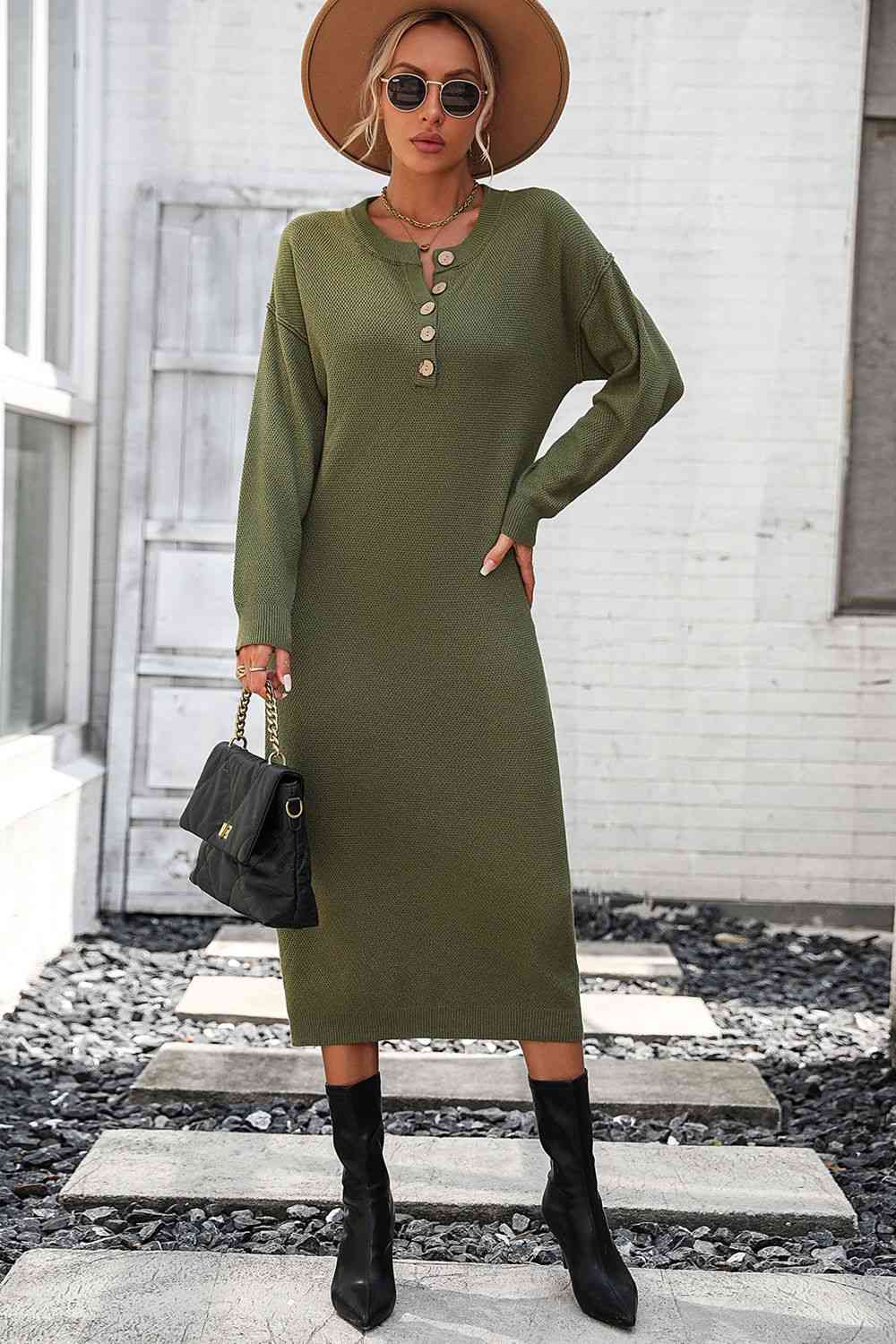Notched Neck Dropped Shoulder Button-Down Midi Dress - Ladyez