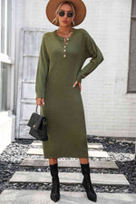 Notched Neck Dropped Shoulder Button-Down Midi Dress - Ladyez