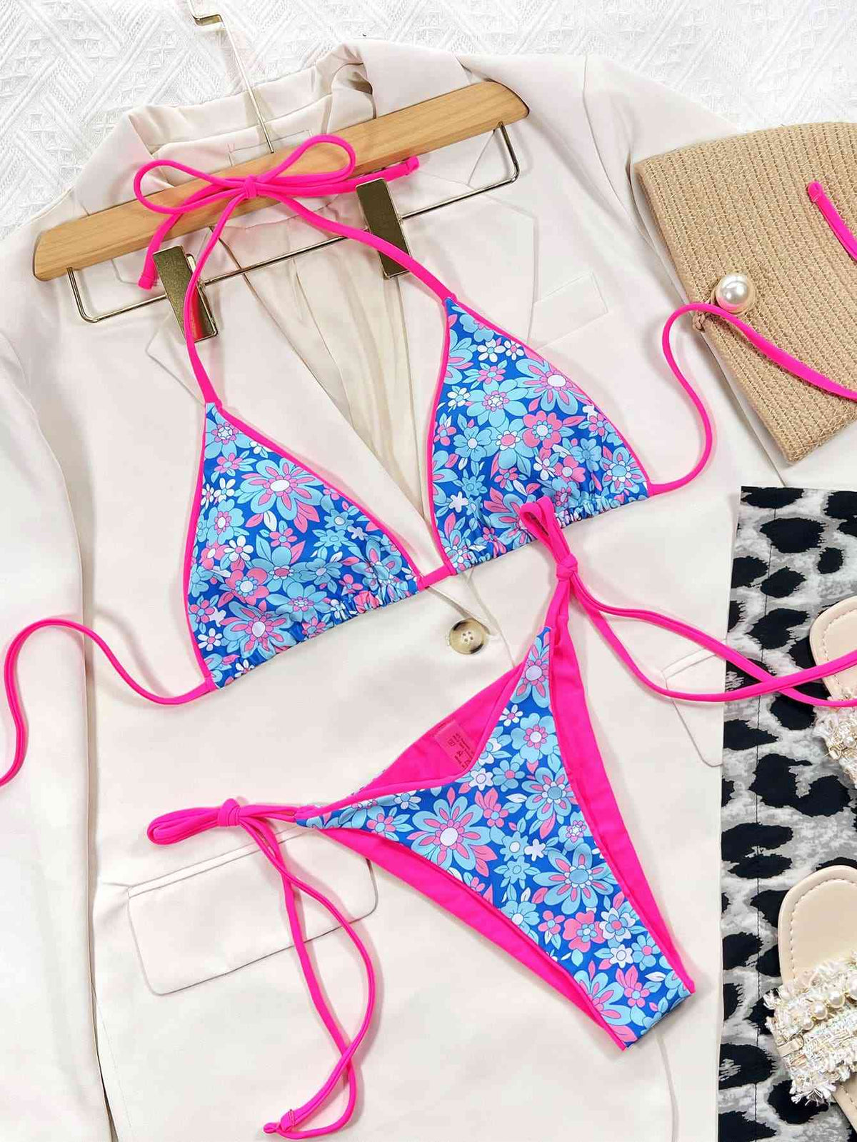 Floral Halter Neck Tie Side Bikini Set - Ladyez