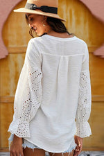 Crochet Flounce Sleeve Button Up Blouse - Ladyez