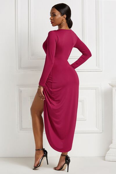High-low Ruched Surplice Long Sleeve Dress - Ladyez