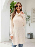 Turtleneck Waffle-Knit Slit Sweater Dress - Ladyez